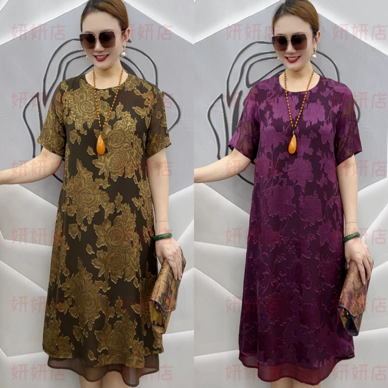 921短袖圆领气质剪花连衣裙妈妈装贵气时尚手工剪花中高端妈妈裙