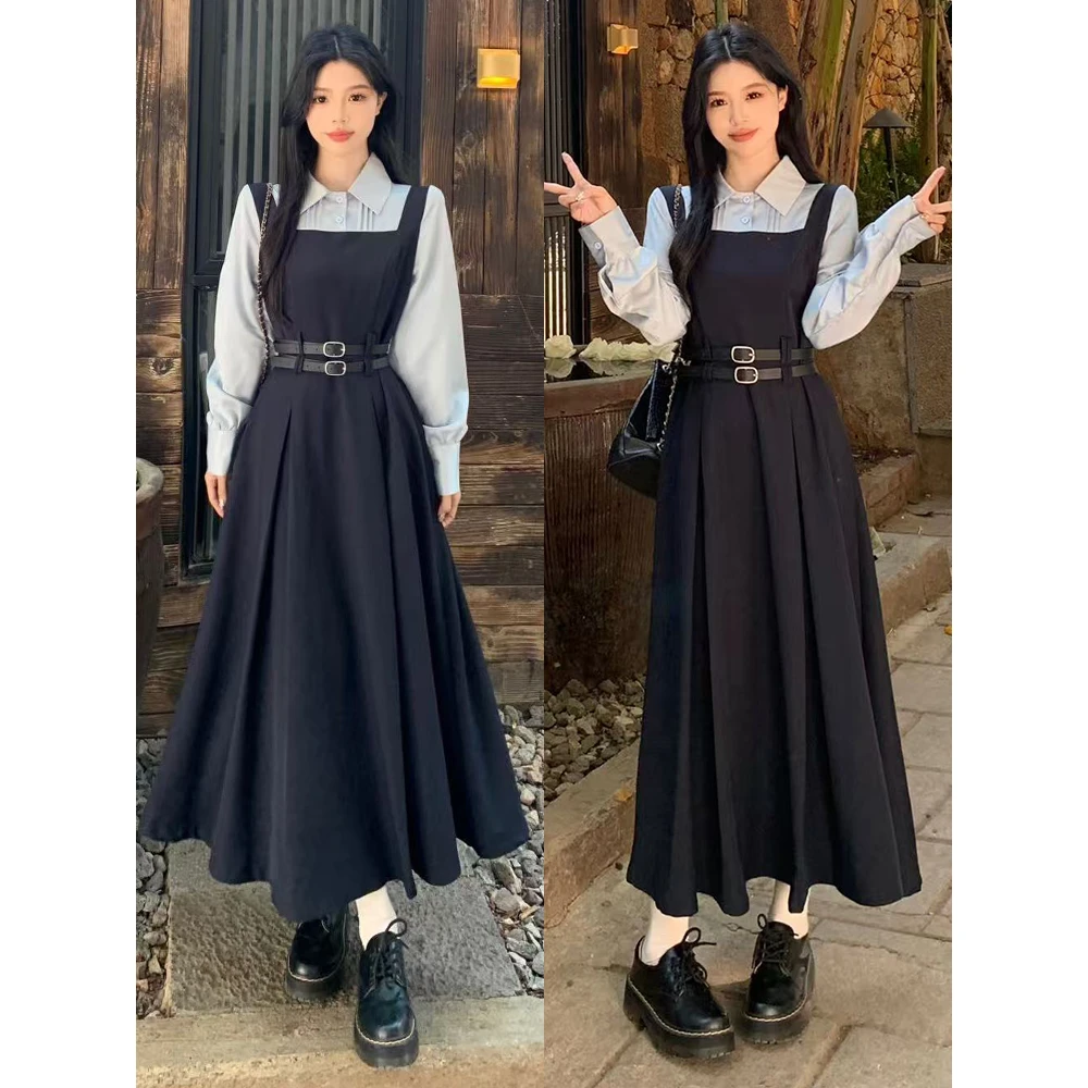 大码胖mm新款法式设计感撞色气质连衣裙送腰带