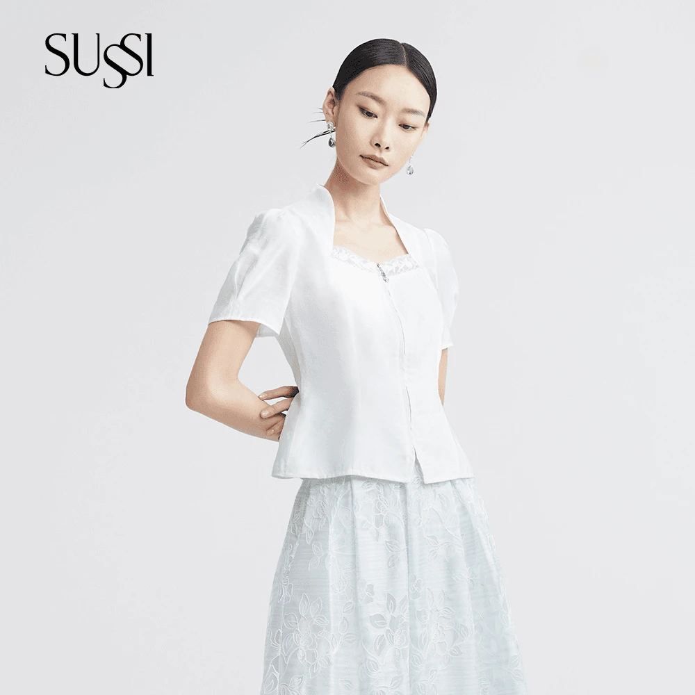 SUSSI/古色25夏商场同款泡泡袖百搭款气质通勤收腰上衣女