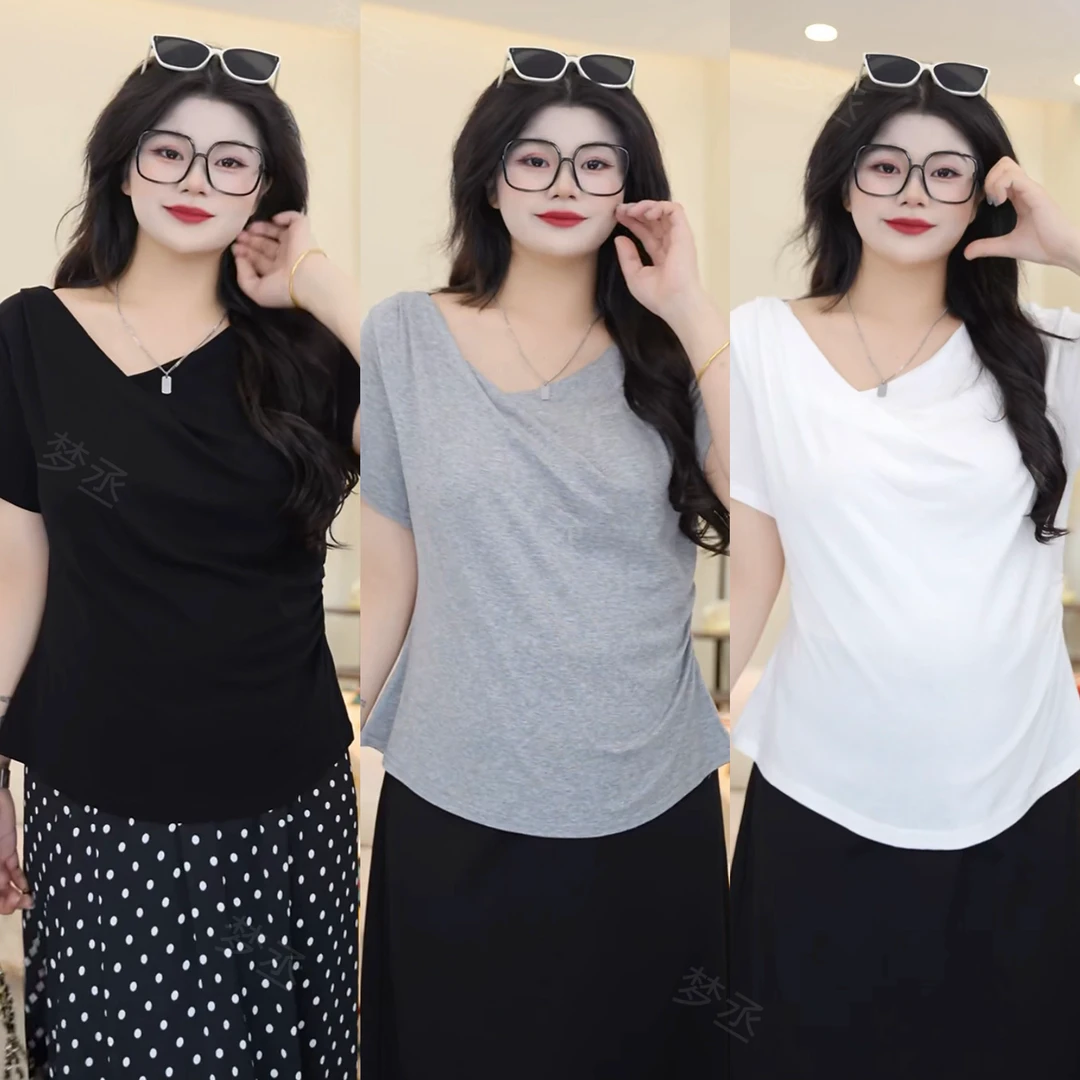 梦丞【百搭神器】大码女装夏季纯色简约一字领百搭收腰显瘦短袖T恤