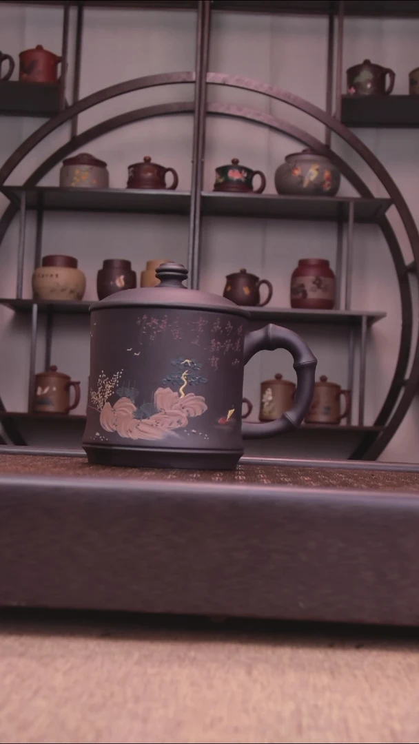 茶杯紫砂黑泥通身泥绘竹节杯500-550CC容量