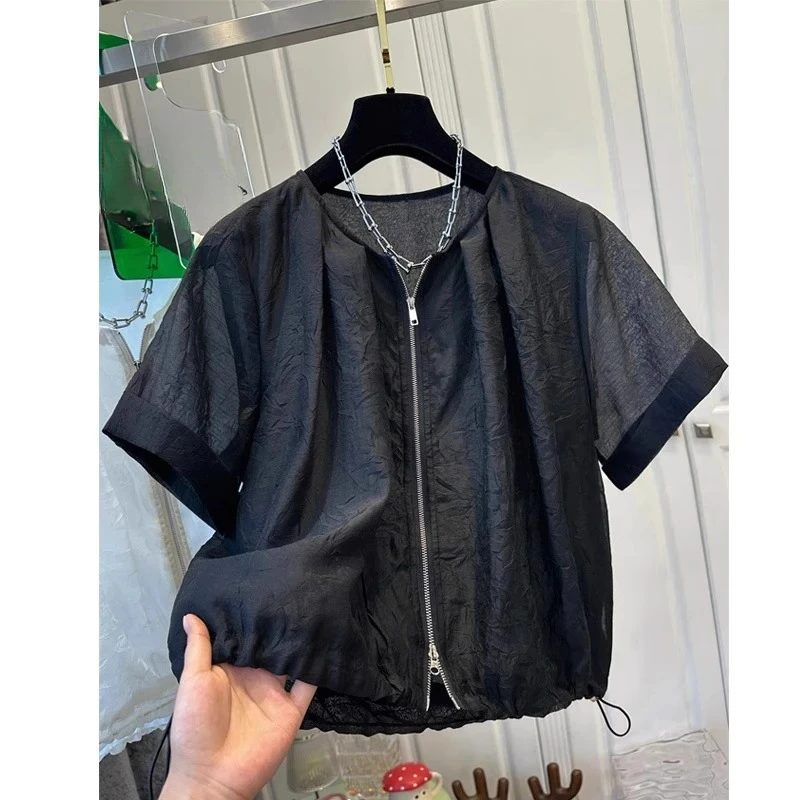 设计感别致独特双拉链短袖雪纺衫女2025夏季大码胖mm洋气减龄上衣