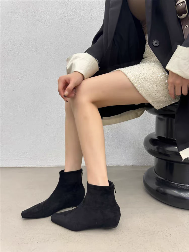 内增高绒面短靴女2025年新款秋冬季舒适百搭后拉链时装靴3915
