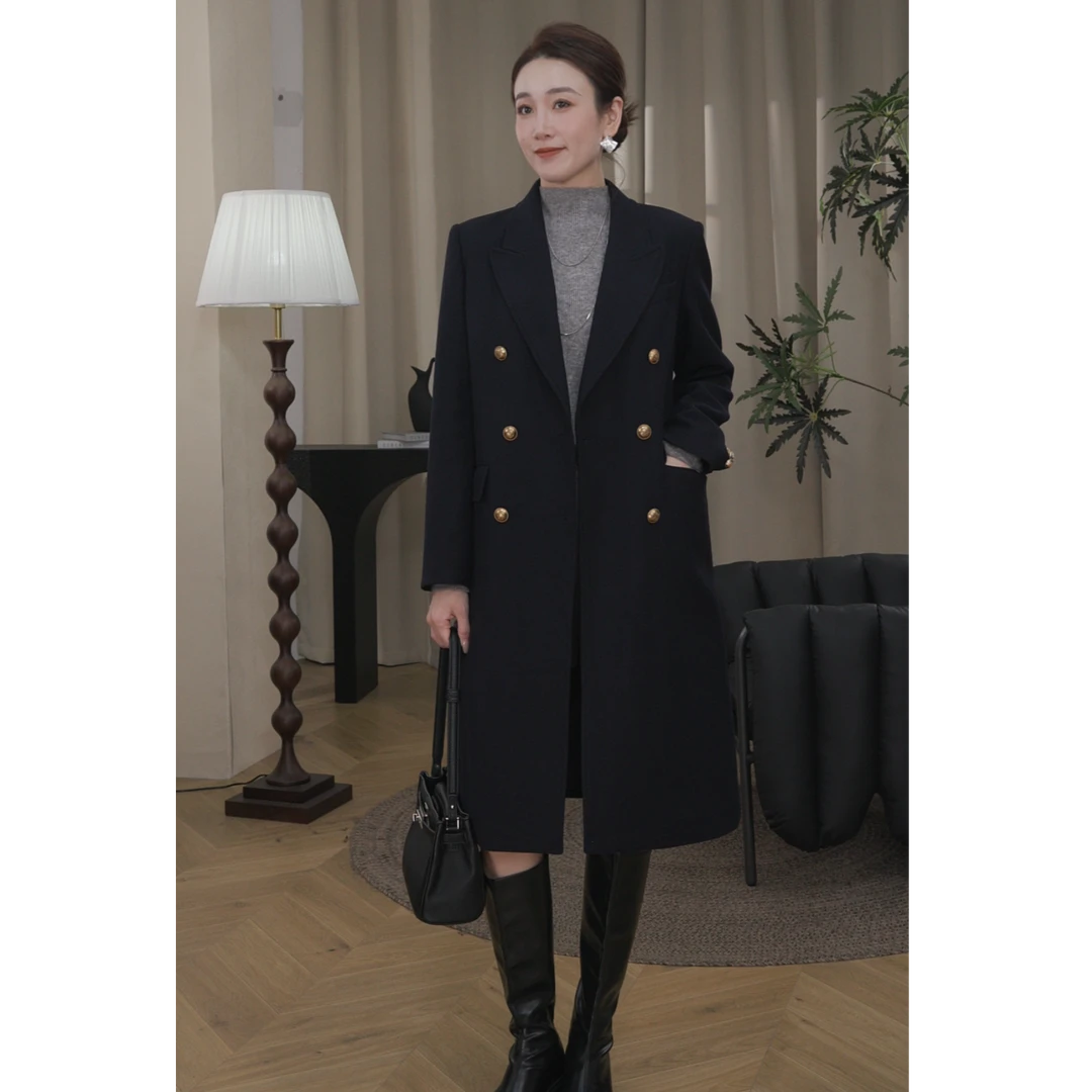 秋冬新款时尚韩版百搭羊毛呢西装大衣外套女上衣中长款加棉