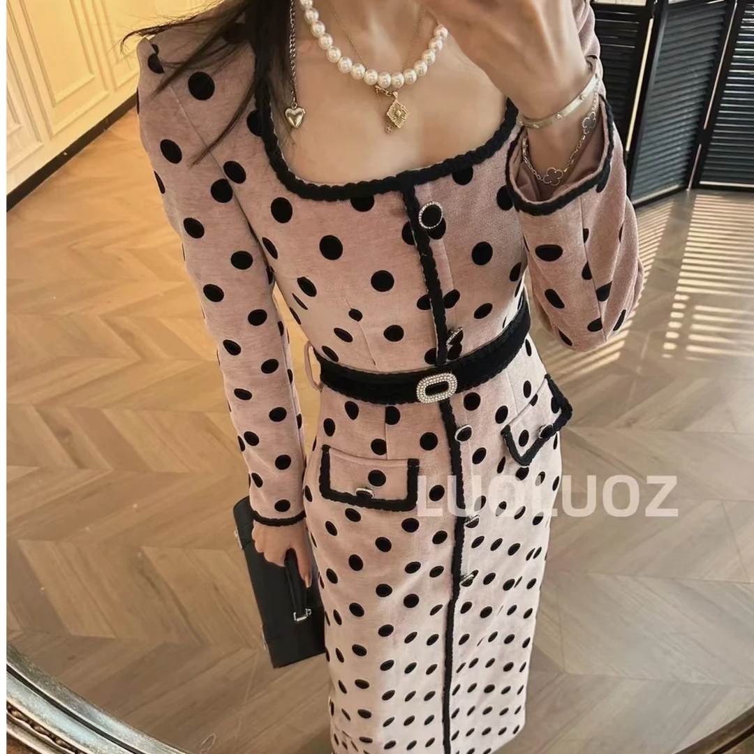 【现货】LUOLUOZ【花影万人迷】秋季气质撞色波点收腰长款连衣裙JF345