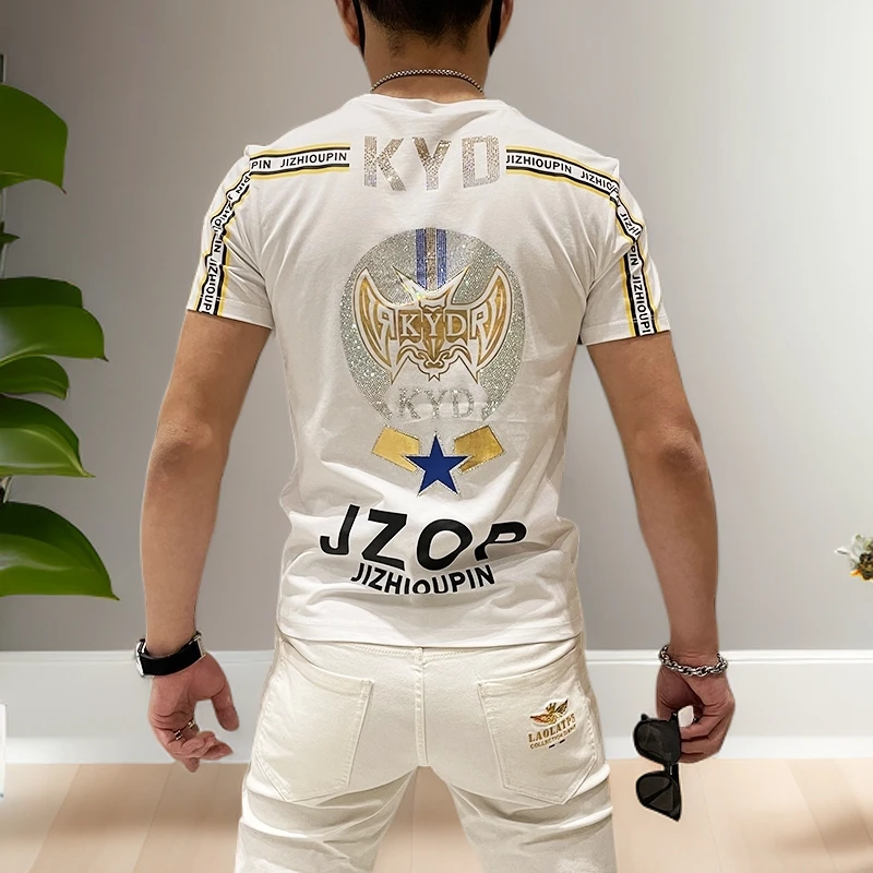 新款夏季男士半袖韩版潮流修身织带烫钻休闲帅气潮牌短袖T恤网红