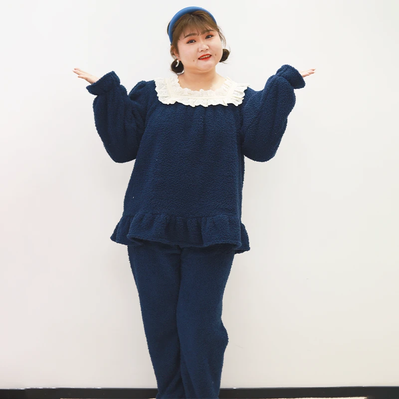 韩系半边绒甜美方领大码胖mm显瘦修仙家居服睡衣套装