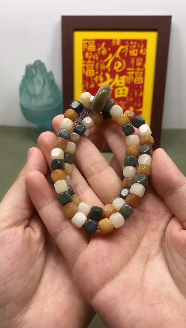 白玉菩提手串多宝菩提小籽7x7方珠双圈手链