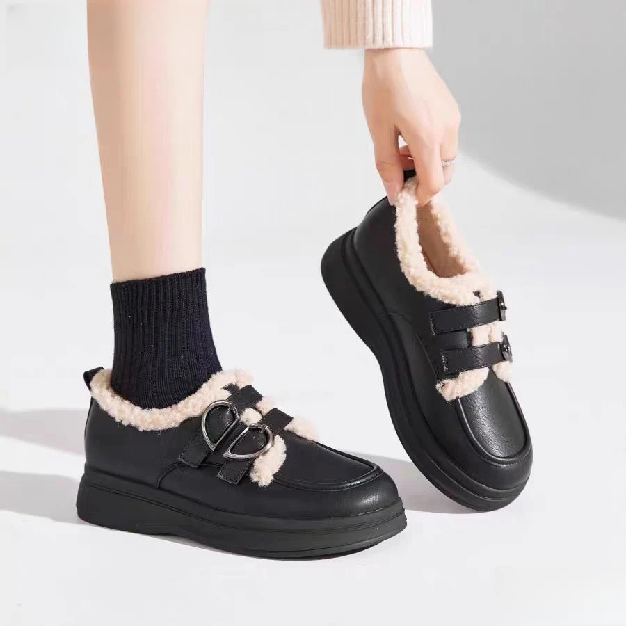 C2355 黑色绒里 新款时尚圆头舒适粗跟女士乐福鞋