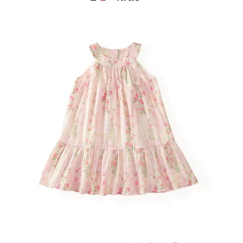 女童夏季洋气碎花田园风锁骨无袖连衣裙5410