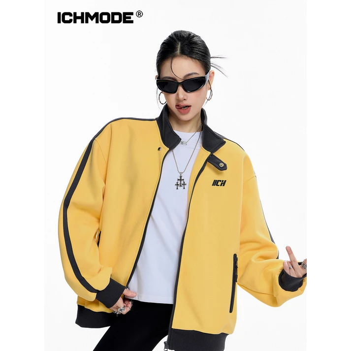 ICH MODE美式复古撞色外套立领开衫卫衣