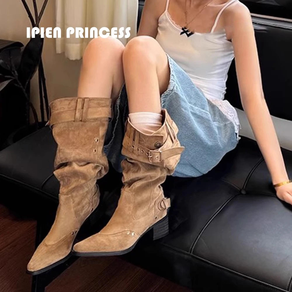 长筒靴女2025新款阔腿靴粗跟配裙子堆堆靴不过膝西部牛仔靴子中筒