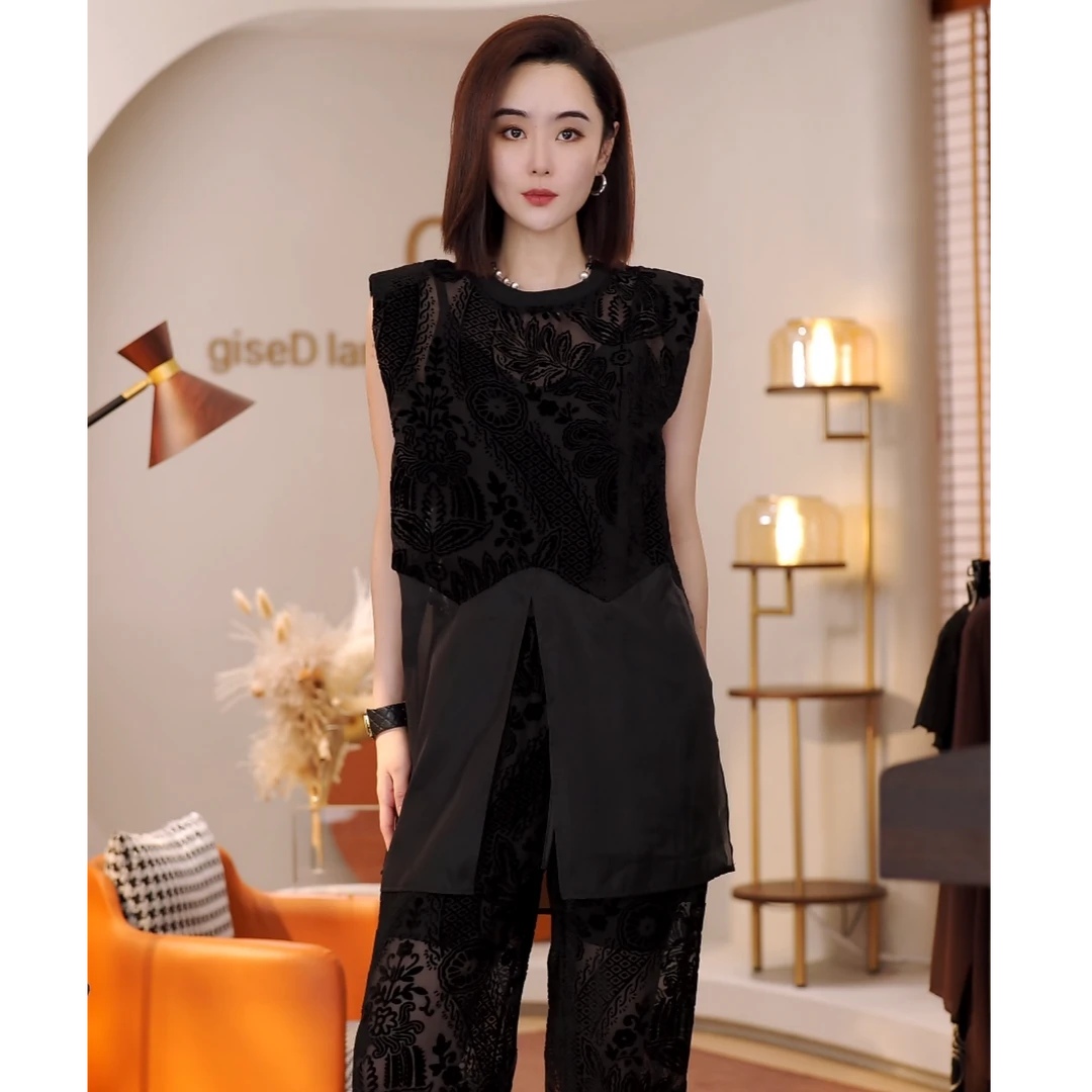 MORELAN2025原创气质新中式植绒提花拼接薄纱透视无袖上衣920195