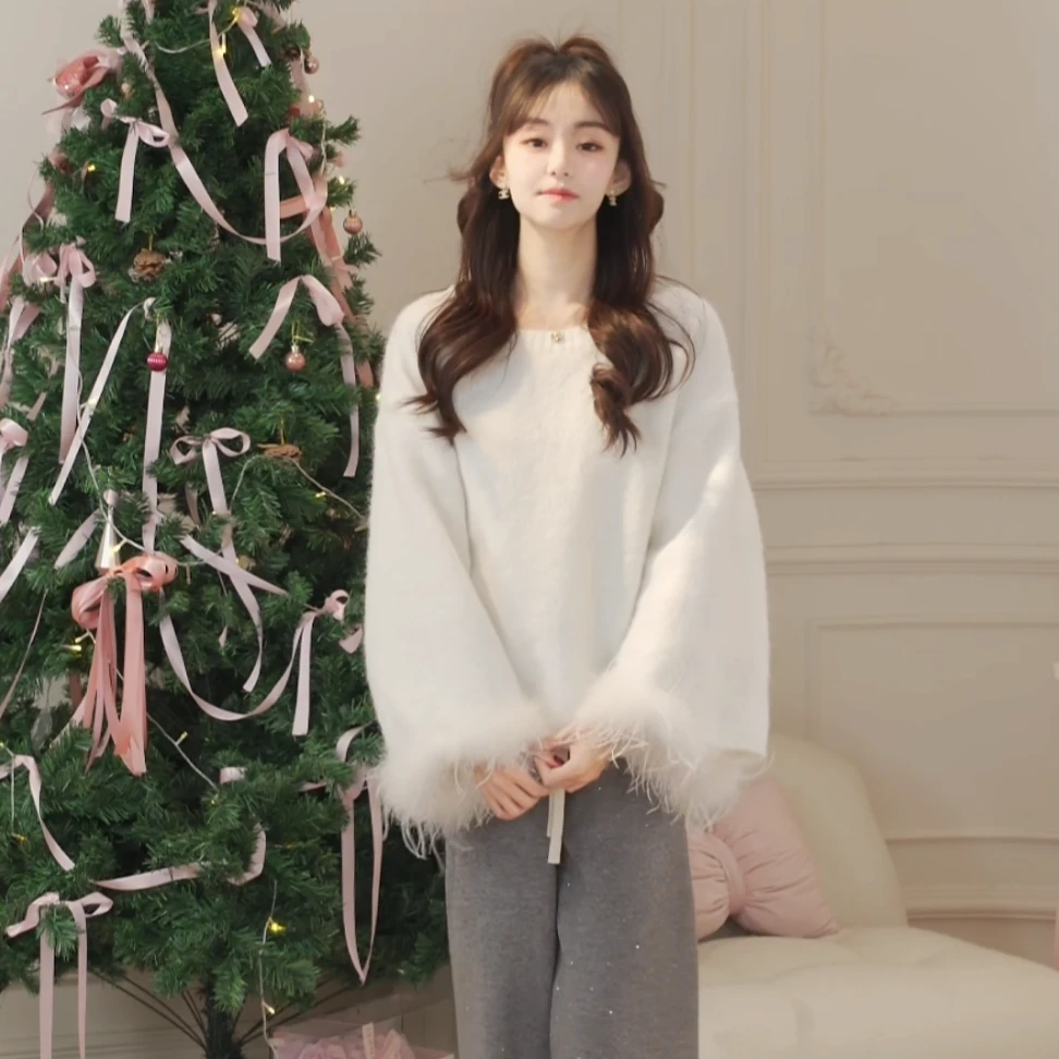 CHERI.Z新款韩版净色气质显瘦减龄百搭圆领喇叭毛毛袖套头毛衣