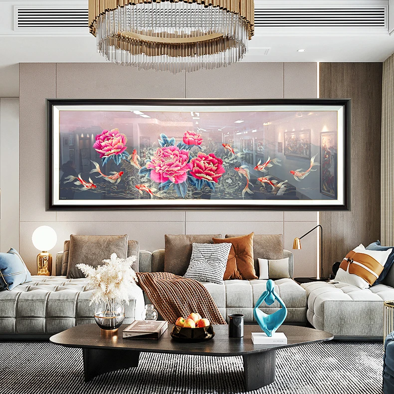 牡丹九鱼法式刺绣非遗手工传承客厅装饰画沙发背景墙挂画麒麟阁
