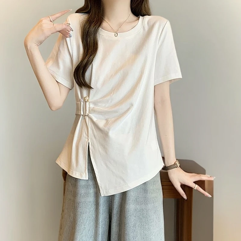 120-140斤大码新款减龄不规则mm洋气短袖T恤抖音无穿搭显瘦券包