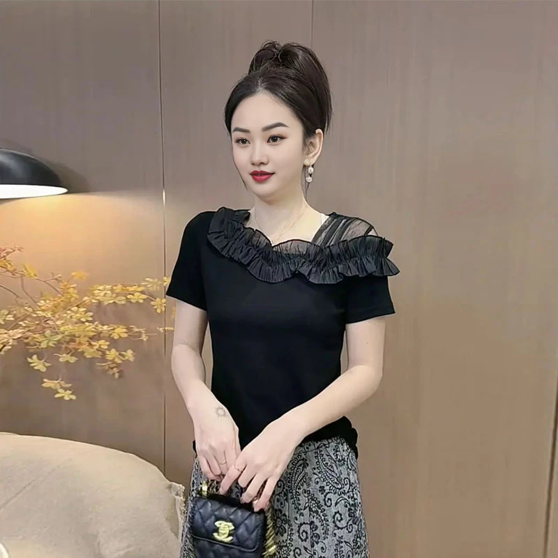 不规则短袖t恤女2025年夏季新款时尚洋气设计露肩显瘦荷叶边上衣