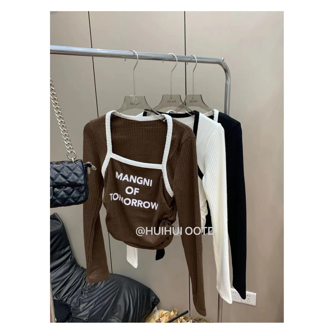 百搭字母印花褶皱修身显瘦拼色方领长袖T恤1265