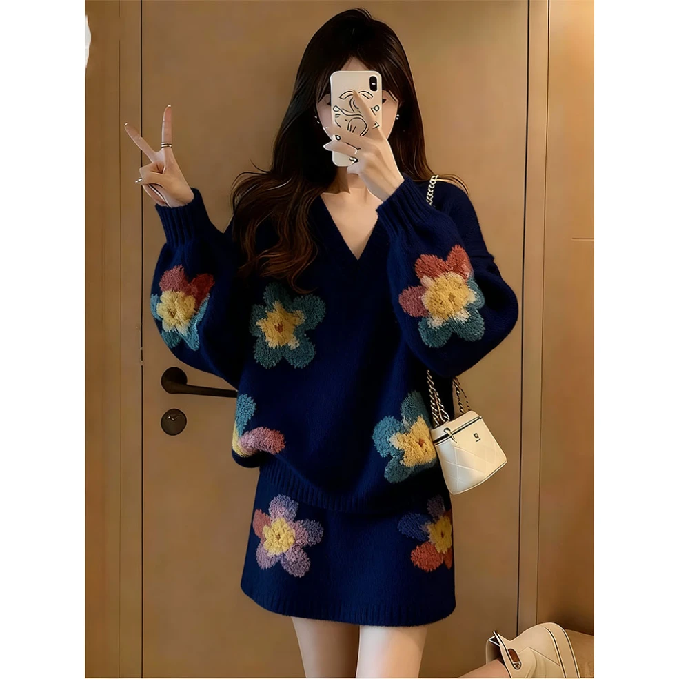 冬季搭配一整套高级感超好看独特宽松时尚慵懒软糯毛衣半裙两件套
