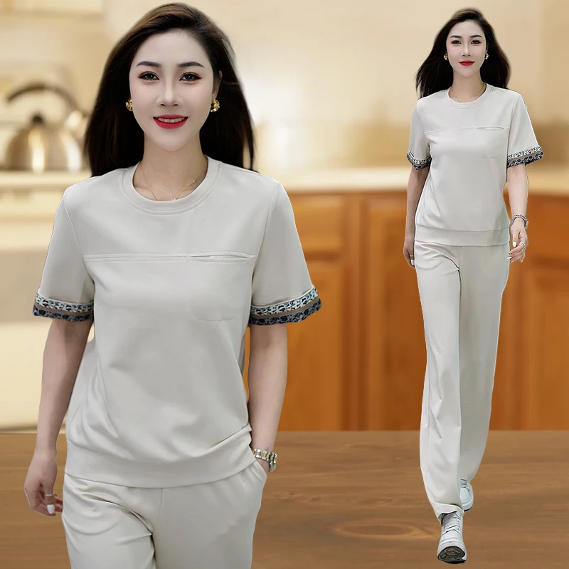 休闲运动套装女夏季2025新款减龄长裤韩版圆领运动百搭显瘦两件套