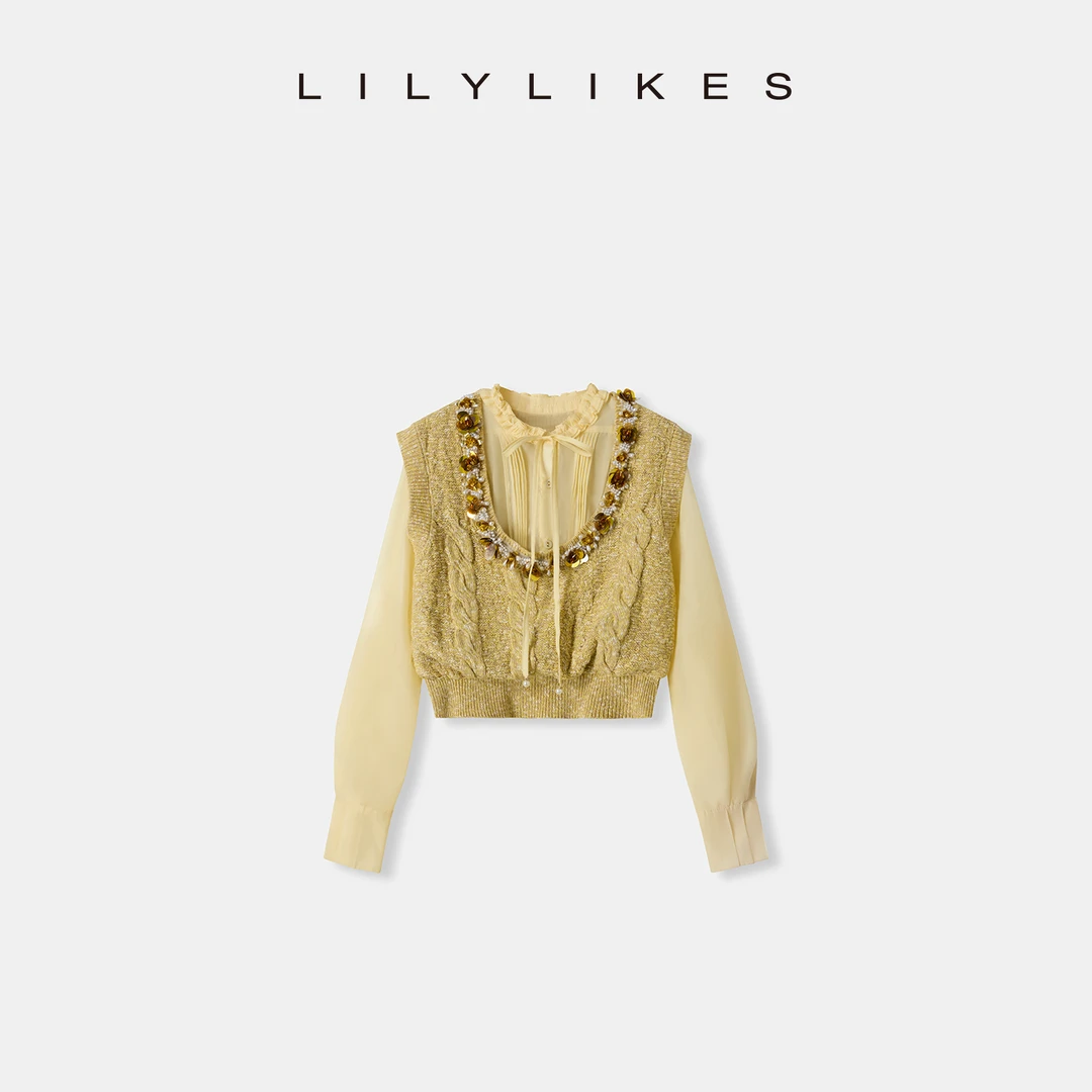 【LILYLIKES】金绵羊毛花纱混纺钉珠亮片毛织背心绑带假两件衬衫
