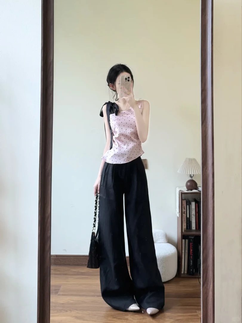 2025夏季新款粉色波点绑带吊带背心女搭配高腰黑色阔腿裤两件套潮