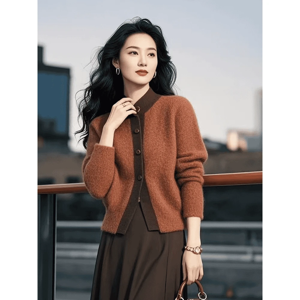 复古时尚小香风拼色韩版气质高级感针织开衫上衣毛衣外套女秋冬款