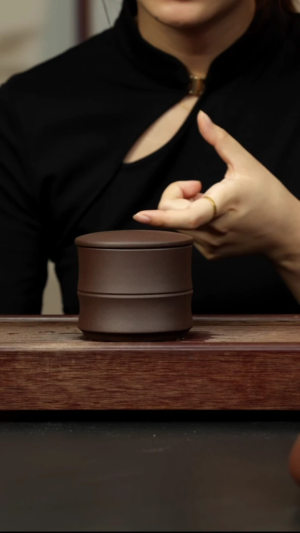 紫砂茶杯紫泥竹节醒茶罐