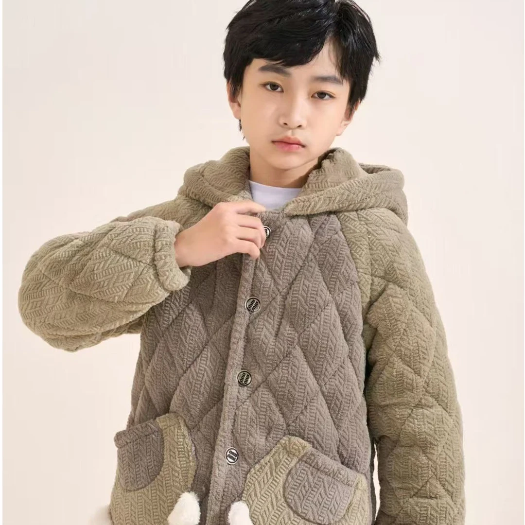 新款男童连帽三眼仔三层加厚家居服套装8924