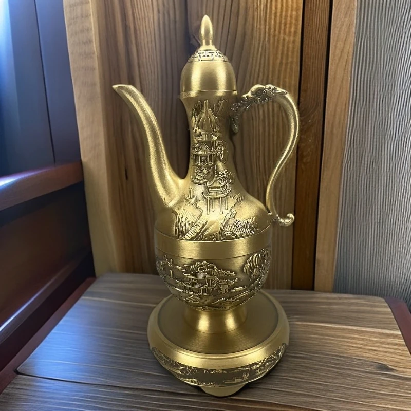 黄铜精致复古【山水酒壶高脚壶】高档酒壶[宽10.5高18重约477g]