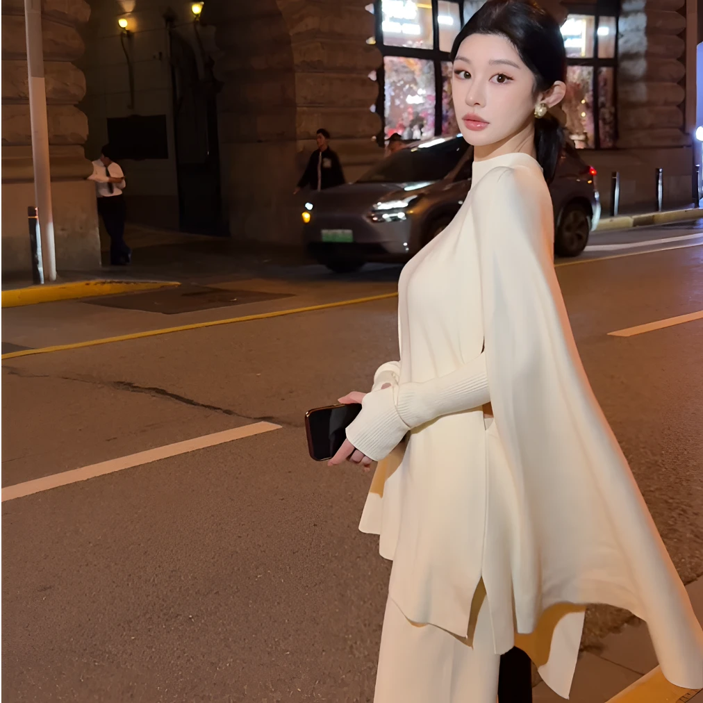 秋冬时尚设计感高端欧货慵懒风高级感蝙蝠衫上衣+袖套+直筒裤三件