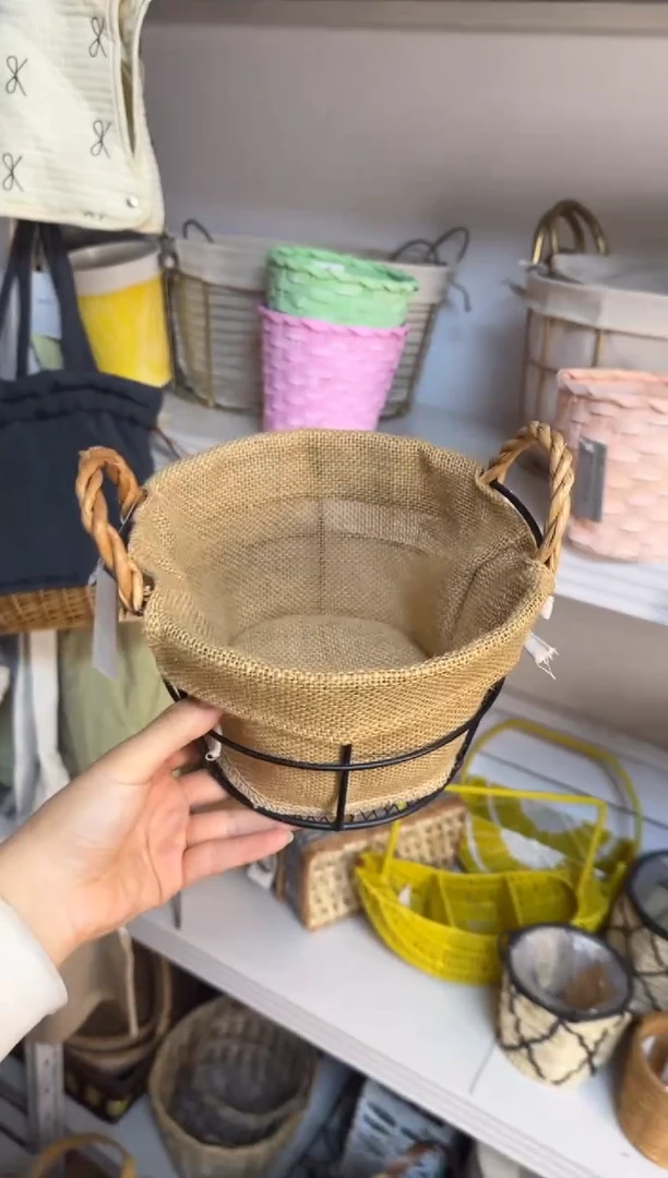 L****子微瑕捡漏黄麻内衬铁艺圆形小筐