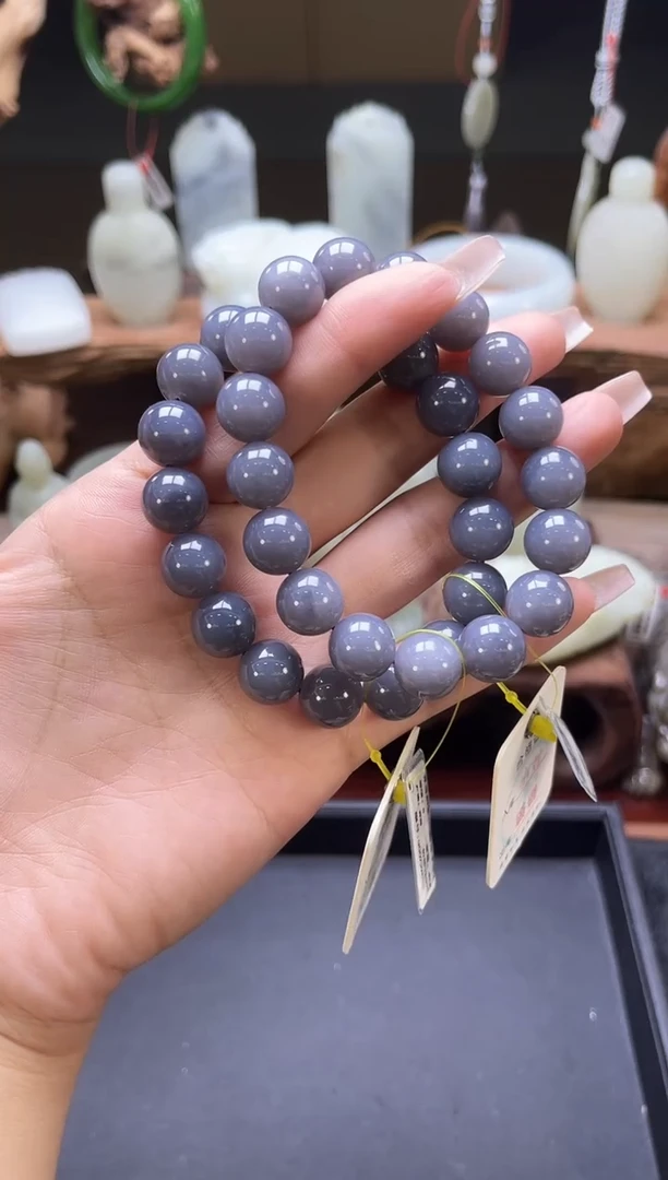 【闪购商品】和田玉手串未镶嵌青海烟紫卡12圆珠 多样性发一