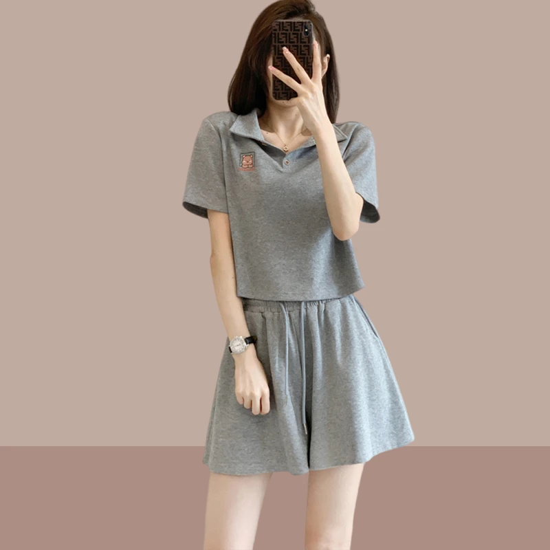 时尚套装女2025新款夏装韩版休闲运动服短袖POLO衫阔腿短裤两件套
