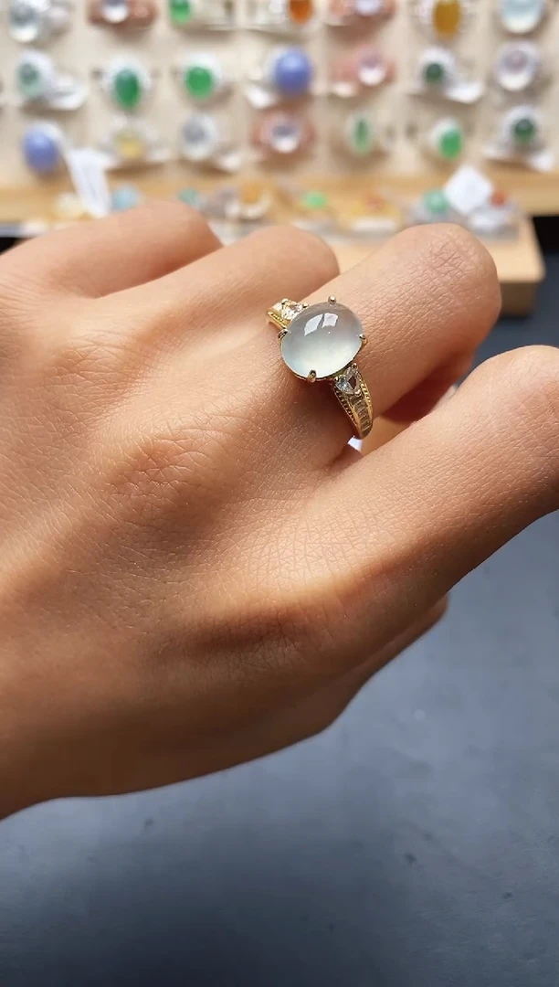 银S925镶嵌戒指翡翠缅甸天然A货翡翠1 7-8