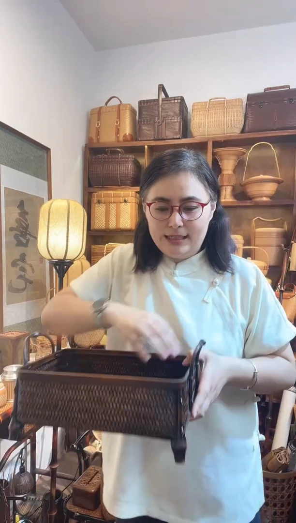 手工竹编复古双耳收纳筐