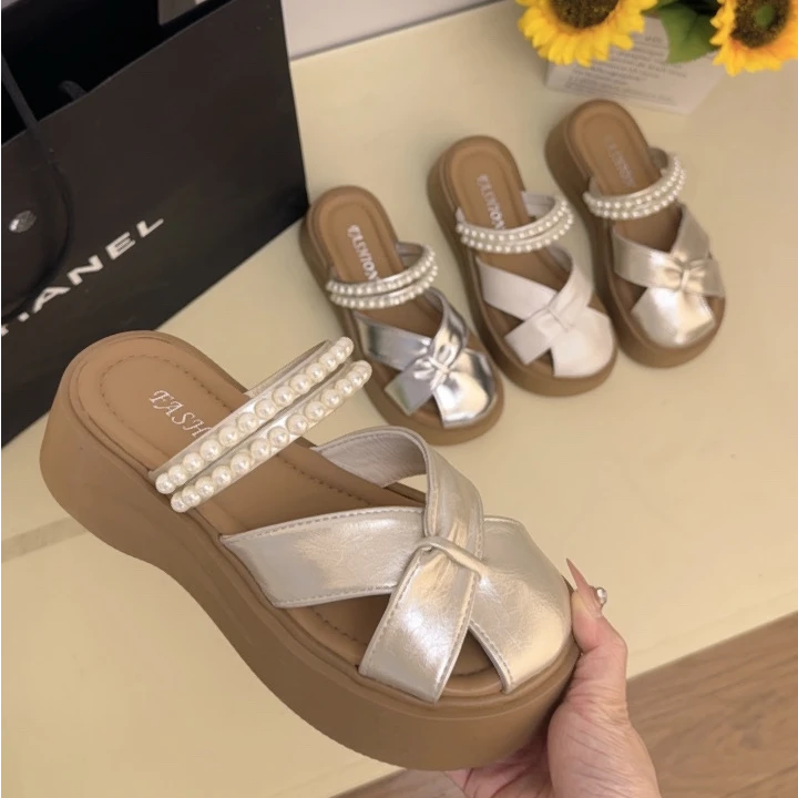 包头半拖鞋女2025新款夏季珍珠两穿厚底设计感镂空一脚蹬懒人半托