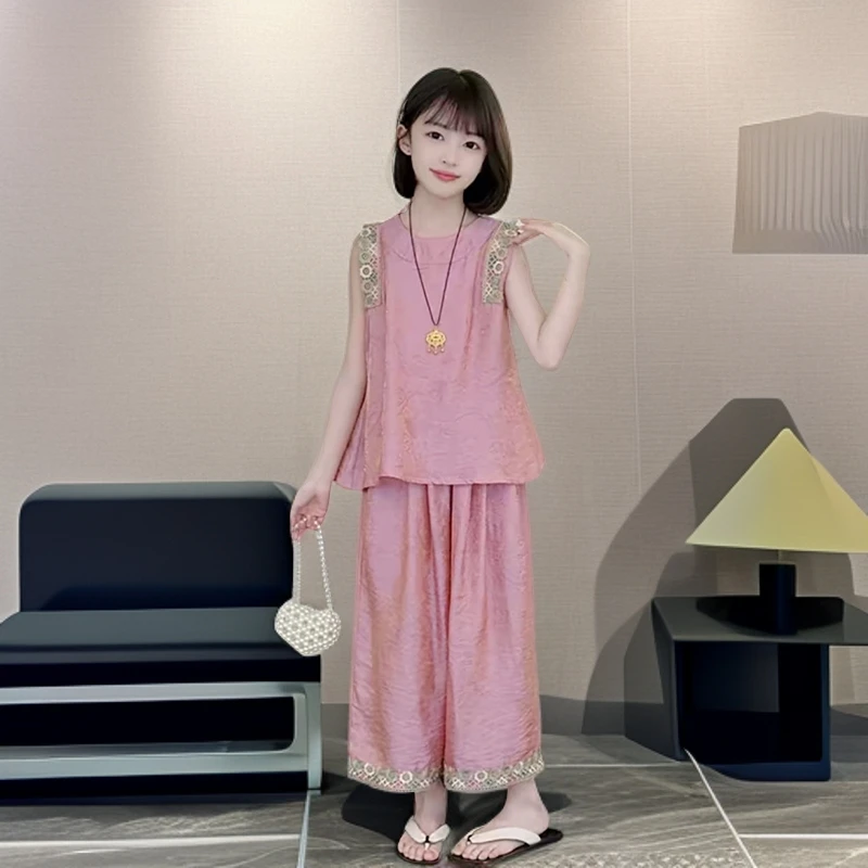 女童夏装2025新款套装大童洋气夏季薄款无袖上衣儿童阔腿裤两件套