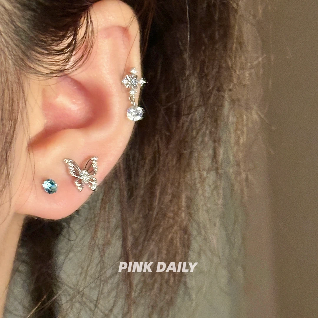 钛钢吊坠 钛钢耳饰 【北海雾蝶】镂空闪锆蝴蝶耳骨钉蓝色雪花吊坠钛