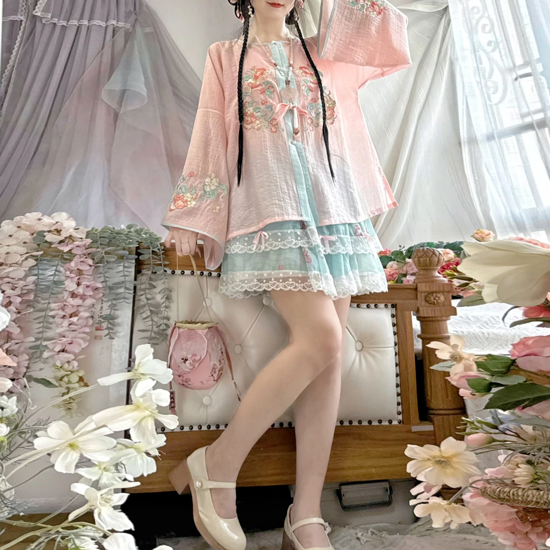 栀言记原创【桃桃仙姬】汉服女圆领衫蓬蓬裙灯笼裤夏新款日常套装