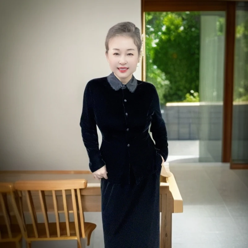 6658776丝绒长袖小香风开衫串珠领