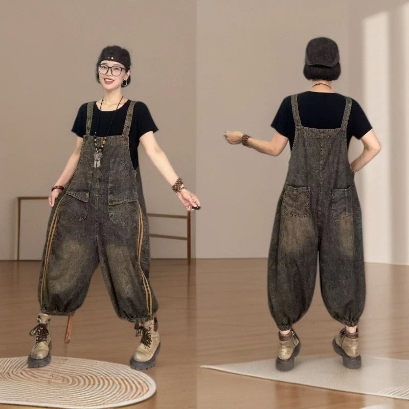 『豪雅』2025夏款竖条复古炒色牛仔背带裤休闲大码女装时尚宽松显瘦