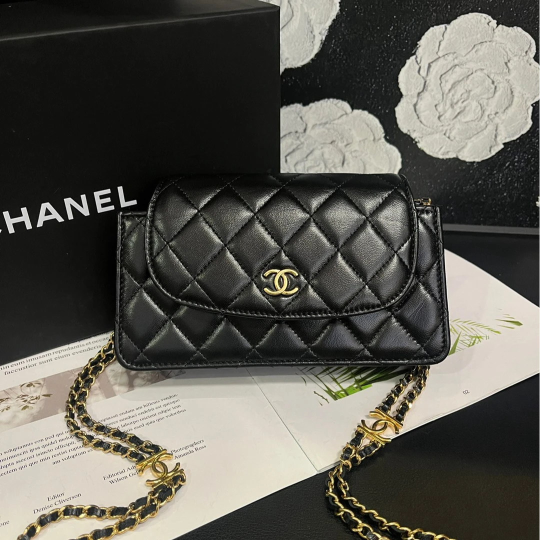 95新 Chanel/香奈儿 黑金双链条22K手机包斜挎包B1372