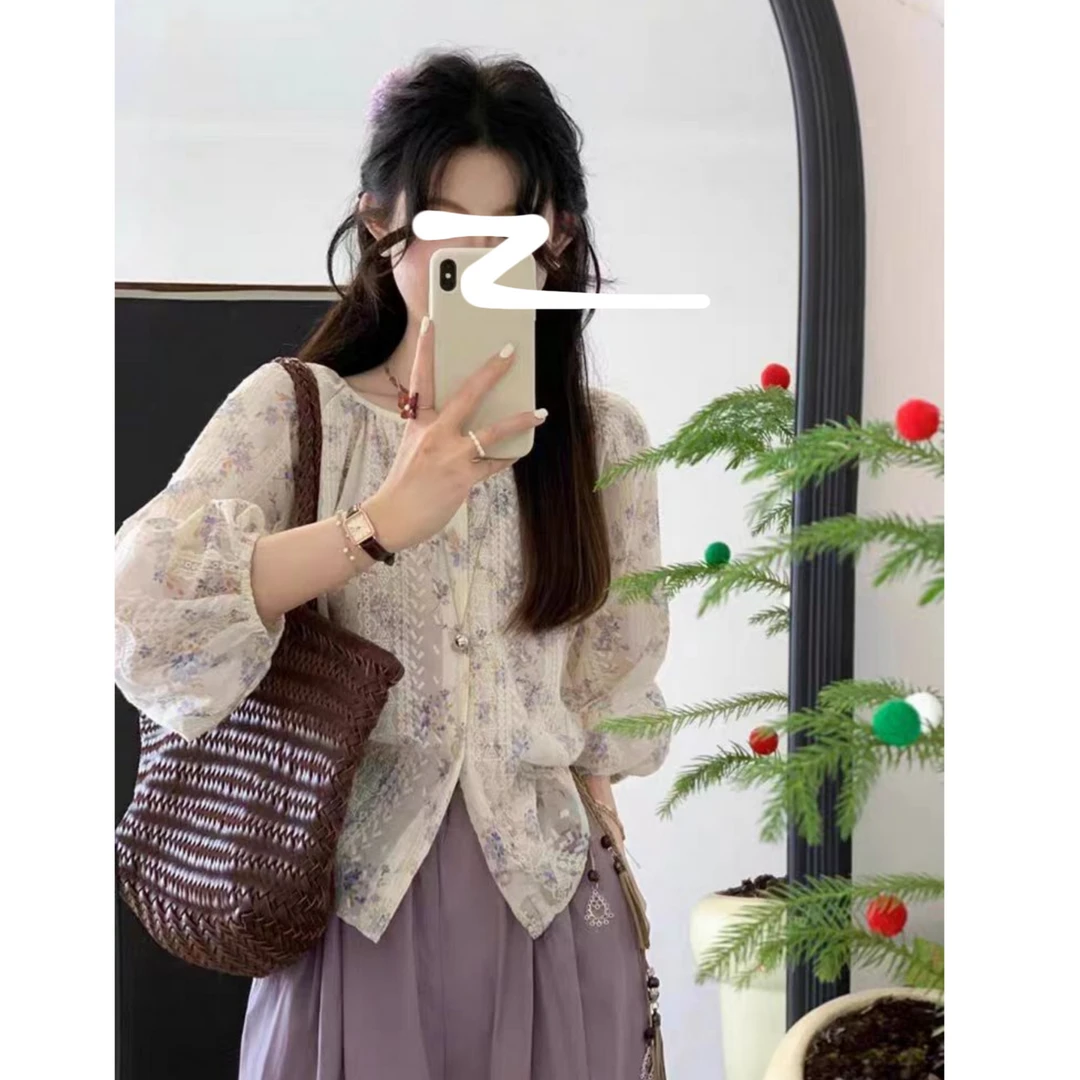 （柚子同款）ZJ夏款碎花微透时尚小衫9362