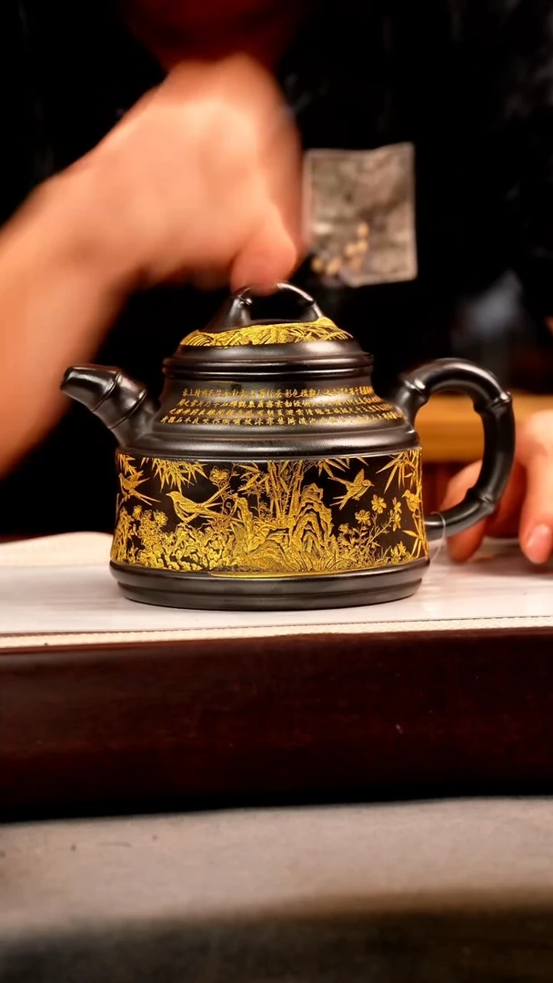 茶壶紫砂石黄 竹鼎 燕子图 描金
