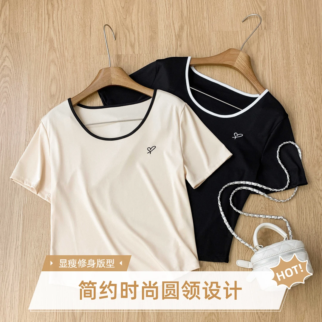 大码正肩刺绣图案显瘦遮肉t恤微胖女短袖上衣简约时尚百搭打底杉