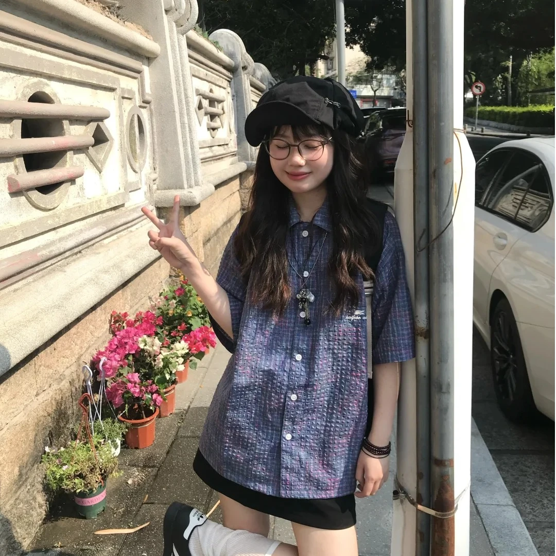 日系复古格纹短袖衬衫女夏季2025新款小个子宽松休闲男女款衬衣潮