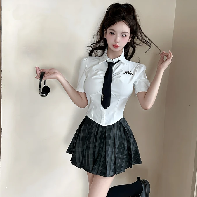 夏季学院风jk制服套装女小清新高级感短袖白衬衫格子半身裙两件套