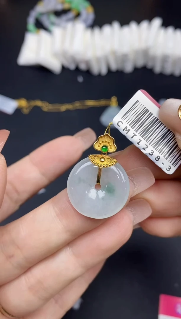 吊坠(不含链)18K金镶嵌翡翠平安扣18K金扣镶嵌@@CMT1238-3