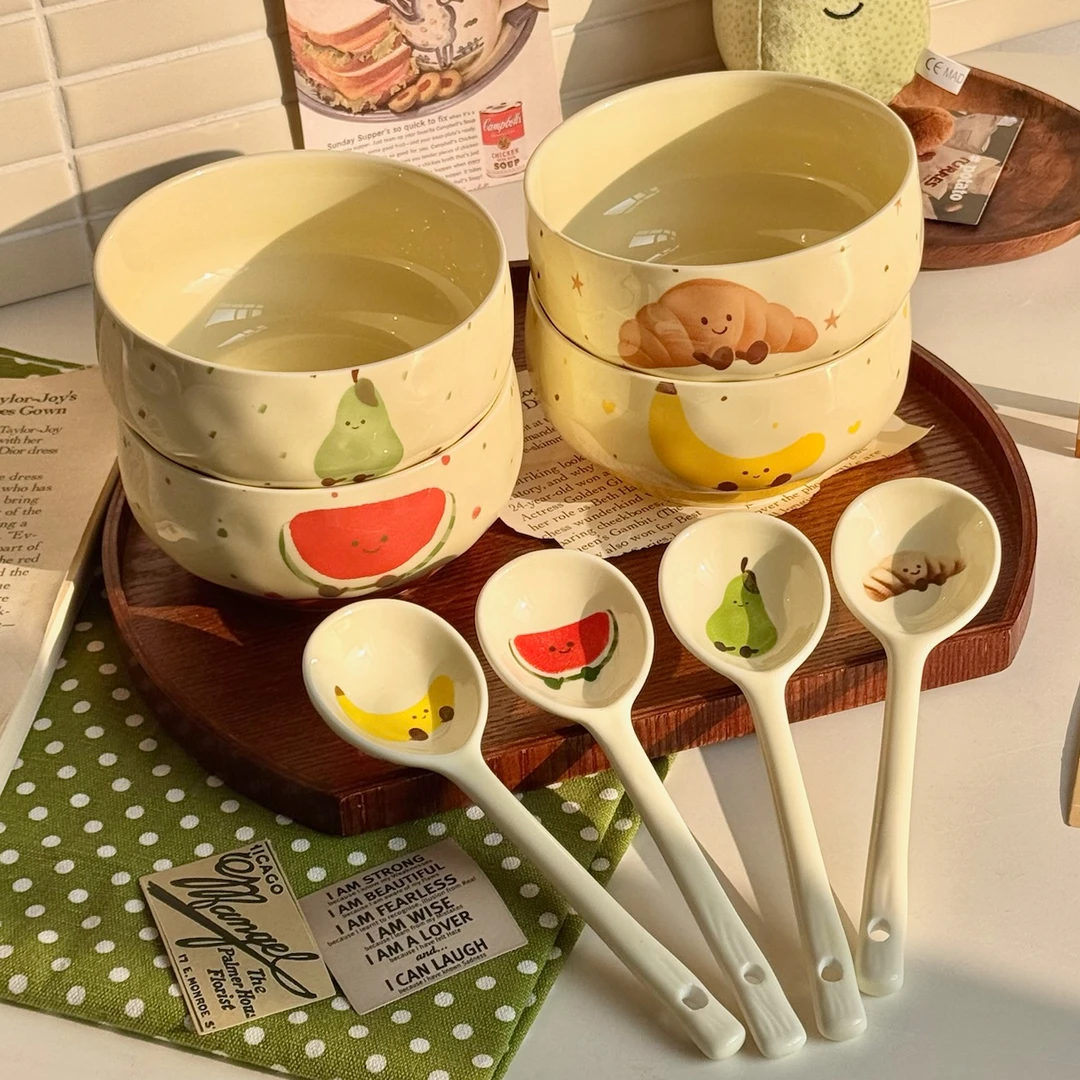 【四碗四勺】水果可颂米饭碗ins家用少女心陶瓷釉下彩吃饭碗超可爱